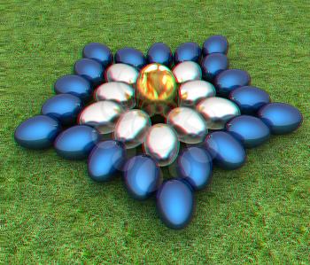 Blue metallic, metall and Gold Easter eggs as a flower on a green grass. 3D illustration. Anaglyph. View with red/cyan glasses to see in 3D.