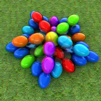 Colored Easter eggs as a flower on a green grass. 3D illustration. Anaglyph. View with red/cyan glasses to see in 3D.