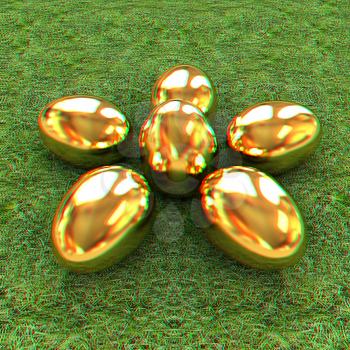 Gold Easter eggs as a flower on a green grass. 3D illustration. Anaglyph. View with red/cyan glasses to see in 3D.