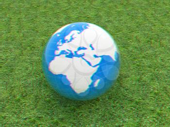 earth on a green grass. 3D illustration. Anaglyph. View with red/cyan glasses to see in 3D.