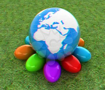 Earth on Colored Easter eggs on a green grass. 3D illustration. Anaglyph. View with red/cyan glasses to see in 3D.