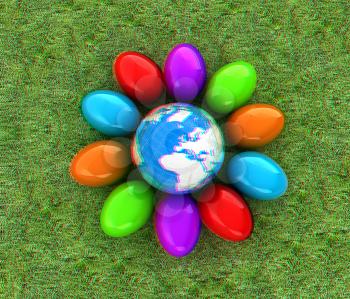 Colored Easter eggs around Earth on a green grass. 3D illustration. Anaglyph. View with red/cyan glasses to see in 3D.