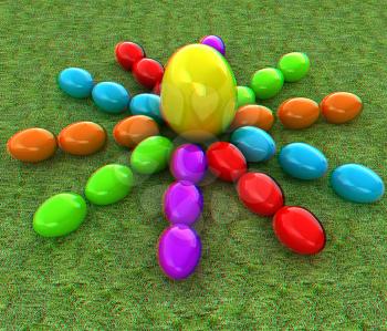 Colored Easter eggs as a flower and Big Easter Egg in the centre on a green grass. 3D illustration. Anaglyph. View with red/cyan glasses to see in 3D.