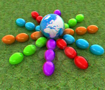 Colored Easter eggs around Earth on a green grass. 3D illustration. Anaglyph. View with red/cyan glasses to see in 3D.