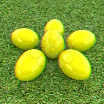 Yellow Easter eggs as a flower on a green grass. 3D illustration. Anaglyph. View with red/cyan glasses to see in 3D.