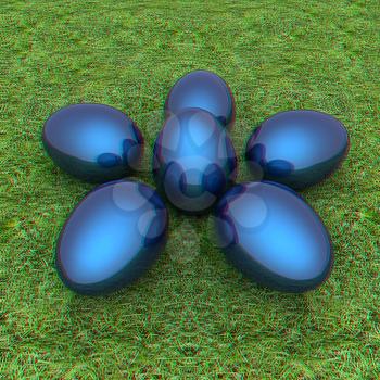 Metallic blue Easter eggs as a flower on a green grass. 3D illustration. Anaglyph. View with red/cyan glasses to see in 3D.