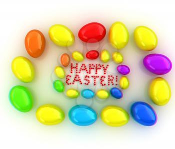 Easter eggs as a Happy Easter greeting on white background. 3D illustration. Anaglyph. View with red/cyan glasses to see in 3D.
