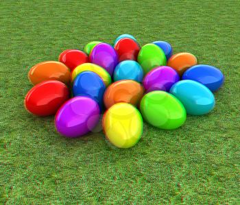 Colored Easter eggs on a green grass. 3D illustration. Anaglyph. View with red/cyan glasses to see in 3D.