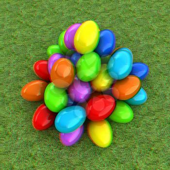 Colored Easter eggs on a green grass. 3D illustration. Anaglyph. View with red/cyan glasses to see in 3D.