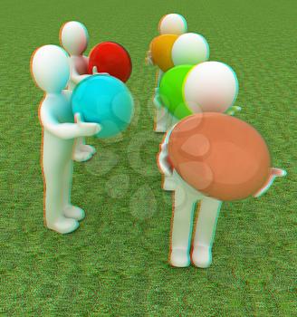 3d small persons holds the big Easter egg in a hand. 3d image. On green grass. 3D illustration. Anaglyph. View with red/cyan glasses to see in 3D.