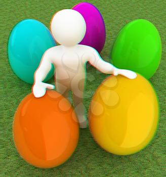 3d small person holds the big Easter egg in a hand. 3d image. On green grass. 3D illustration. Anaglyph. View with red/cyan glasses to see in 3D.