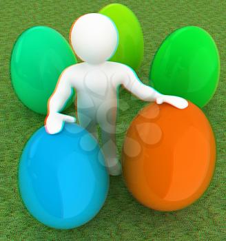 3d small person holds the big Easter egg in a hand. 3d image. On green grass. 3D illustration. Anaglyph. View with red/cyan glasses to see in 3D.