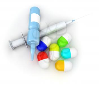 Syringe, tablet, pill jar. 3D illustration