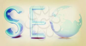 3d illustration of text 'SEO' with earth globe on a white background. 3D illustration. Vintage style.