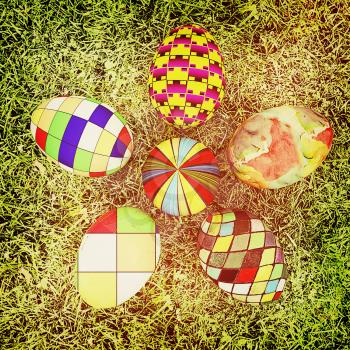 Flower of Easter eggs on the grass. 3D illustration. Vintage style.