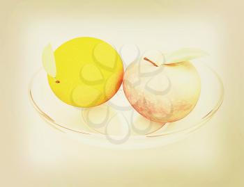 Citrus and apple on a white background. 3D illustration. Vintage style.