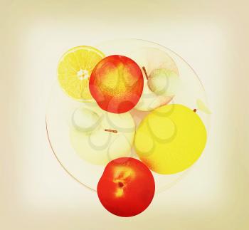 Citrus and apples on a white background. 3D illustration. Vintage style.