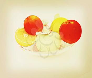 Citrus and apples on a white background. 3D illustration. Vintage style.