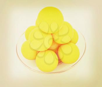 Oranges on a glass plate on a white background. 3D illustration. Vintage style.