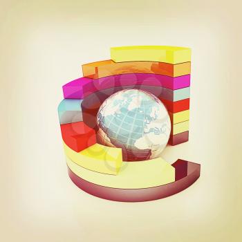 Abstract colorful structure with blue earth in the center on a white background. 3D illustration. Vintage style.