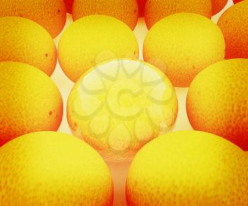Glossy ripe oranges. 3D illustration. Vintage style.