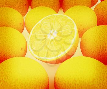 oranges and half oranges background. 3D illustration. Vintage style.
