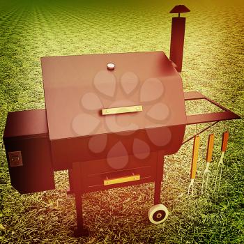 oven barbecue grill on the green grass. 3D illustration. Vintage style.