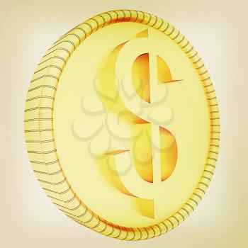 Gold dollar coin. Illustration isolated on white background. 3d render . 3D illustration. Vintage style.