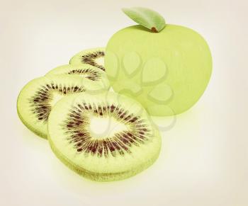 slices of kiwi and apple on a white . 3D illustration. Vintage style.