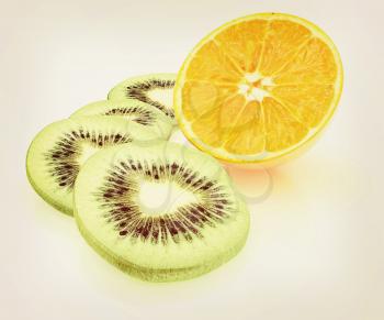 slices of kiwi and half orange on a white . 3D illustration. Vintage style.
