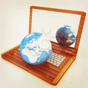 Eco Wooden Laptop and Earth on white background. 3D illustration. Vintage style.