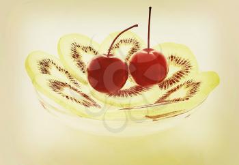 slices of kiwi and cherry on a white . 3D illustration. Vintage style.