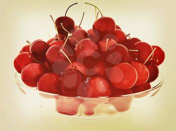 Sweet cherries on a plate on a white background. 3D illustration. Vintage style.