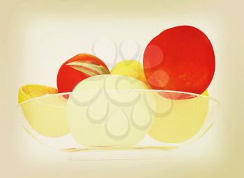 Citrus and apple on a plate on a white background. 3D illustration. Vintage style.