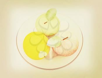 Citrus and apple on a plate on a white background. 3D illustration. Vintage style.