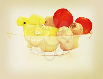 Citrus on a plate on a white background. 3D illustration. Vintage style.