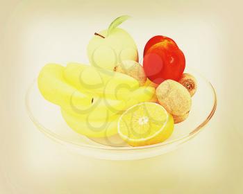 Citrus on a plate on a white background. 3D illustration. Vintage style.