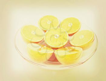 half oranges on a plate on a white background. 3D illustration. Vintage style.