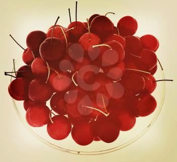 Sweet cherries on a plate on a white background. 3D illustration. Vintage style.