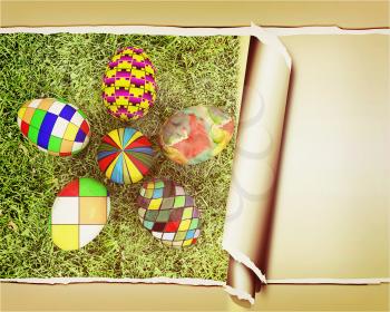 background of flower of easter eggs on the grass, with torn paper. 3D illustration. Vintage style.