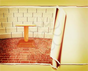 Abstract futuristic interior. Brick scene with cathedra and tribune. Template . 3D illustration. Vintage style.
