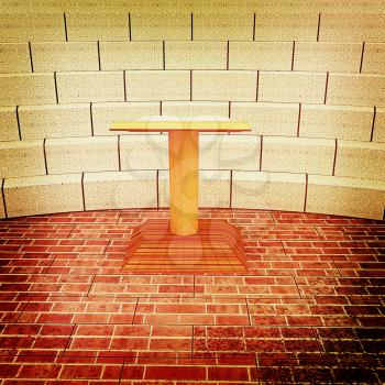 Abstract futuristic interior. Brick scene with cathedra and tribune. . 3D illustration. Vintage style.