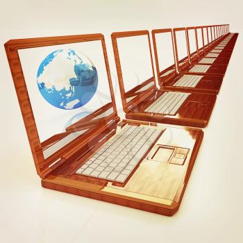 Computer Network Online concept with Eco Wooden  Laptop and Earth on white background . 3D illustration. Vintage style.