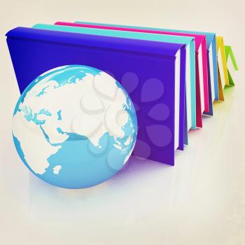 colorful real books and Earth. 3D illustration. Vintage style.