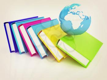 colorful real books and Earth. 3D illustration. Vintage style.