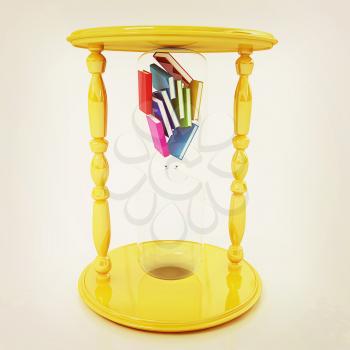 3d hourglass with the books inside on a white background. 3D illustration. Vintage style.