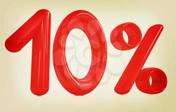 3d red 10 - ten percent on a white background. 3D illustration. Vintage style.