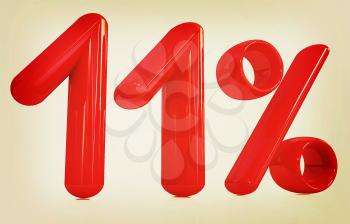 3d red 11 - eleven percent on a white background. 3D illustration. Vintage style.
