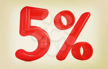3d red 5 - five percent on a white background. 3D illustration. Vintage style.