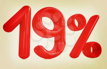 3d red 19 - nineteen percent on a white background. 3D illustration. Vintage style.